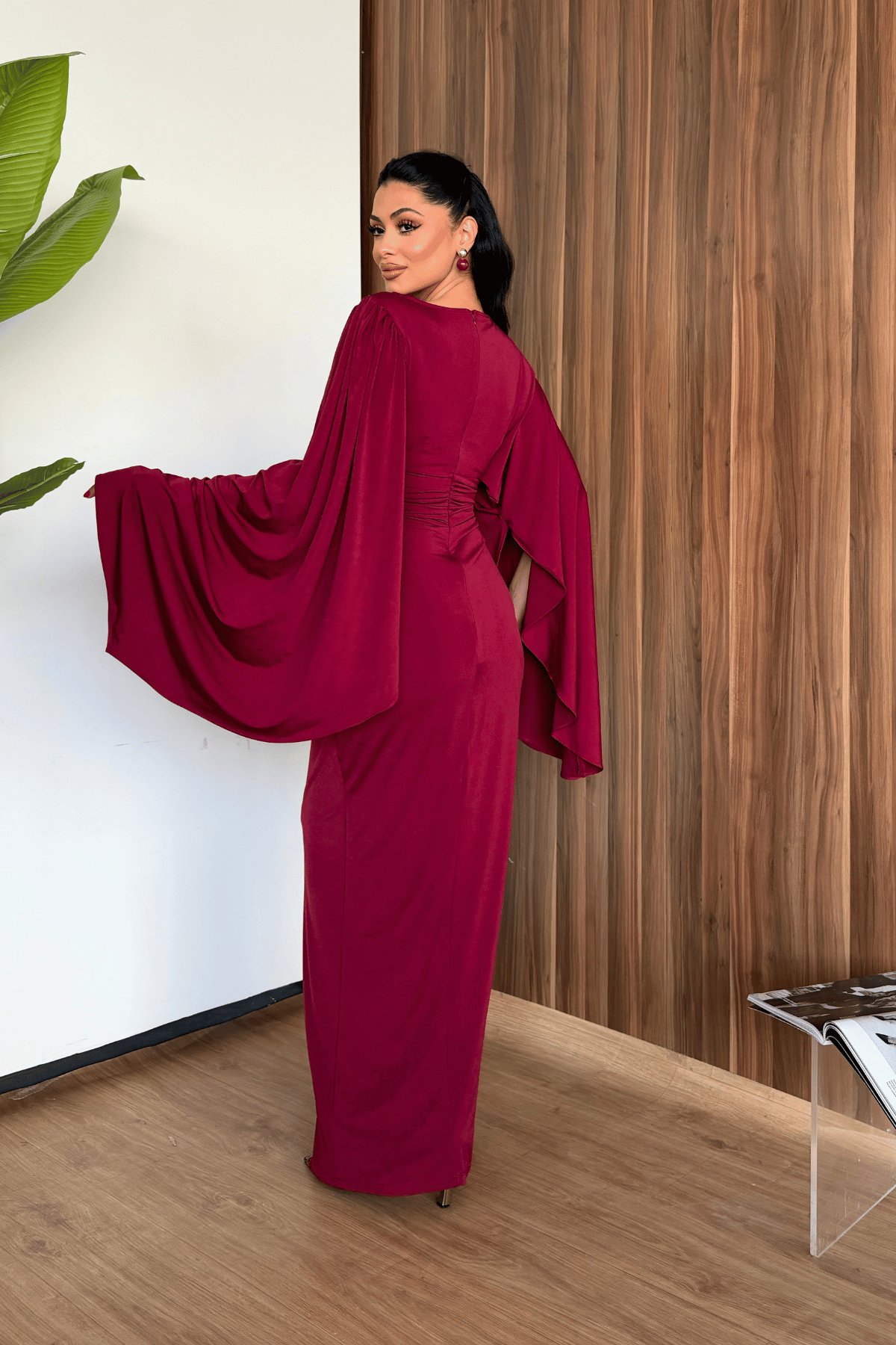 Sandy Kumaş Büzgü Detaylı Elbise - BORDO
