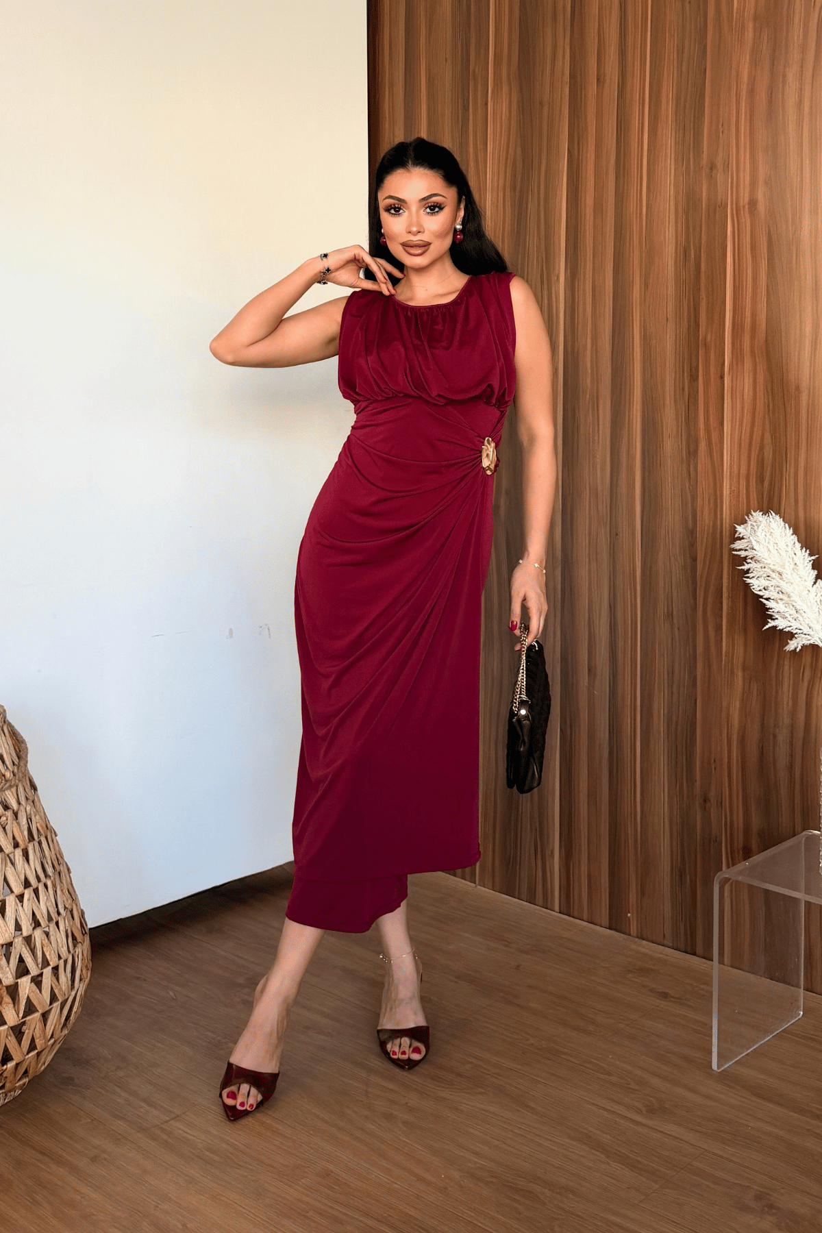 Sandy Kumaş Büzgü Detaylı Elbise - BORDO