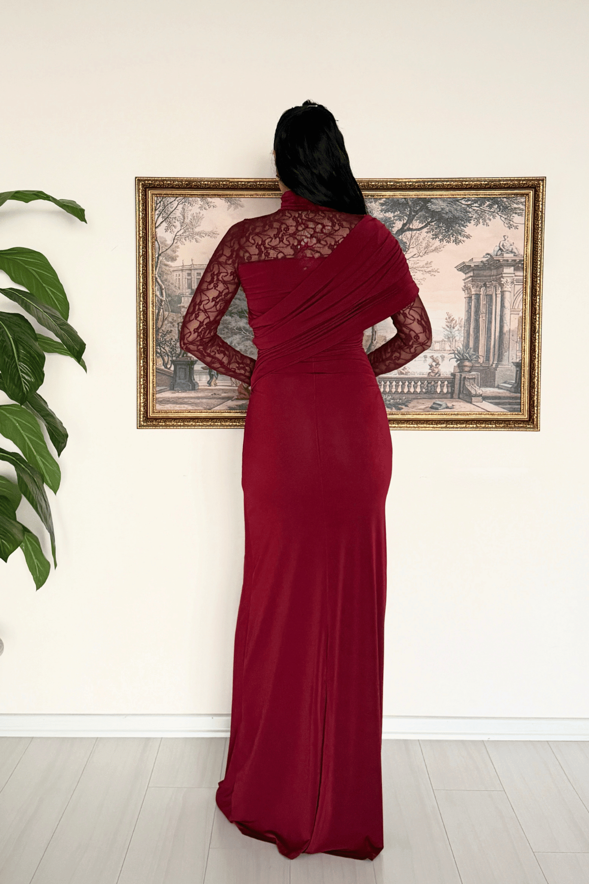 Sandy Kumaş Dantel Detaylı Elbise - BORDO