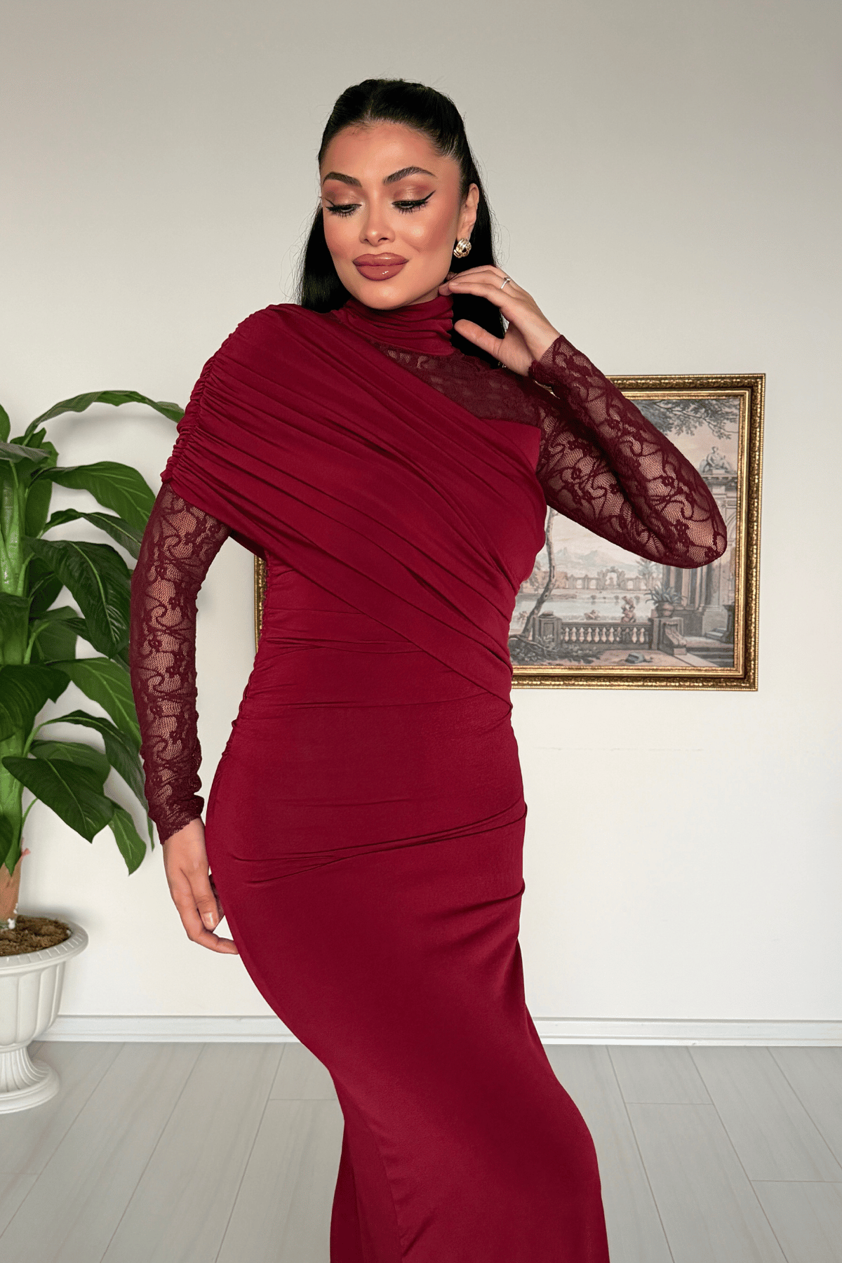 Sandy Kumaş Dantel Detaylı Elbise - BORDO