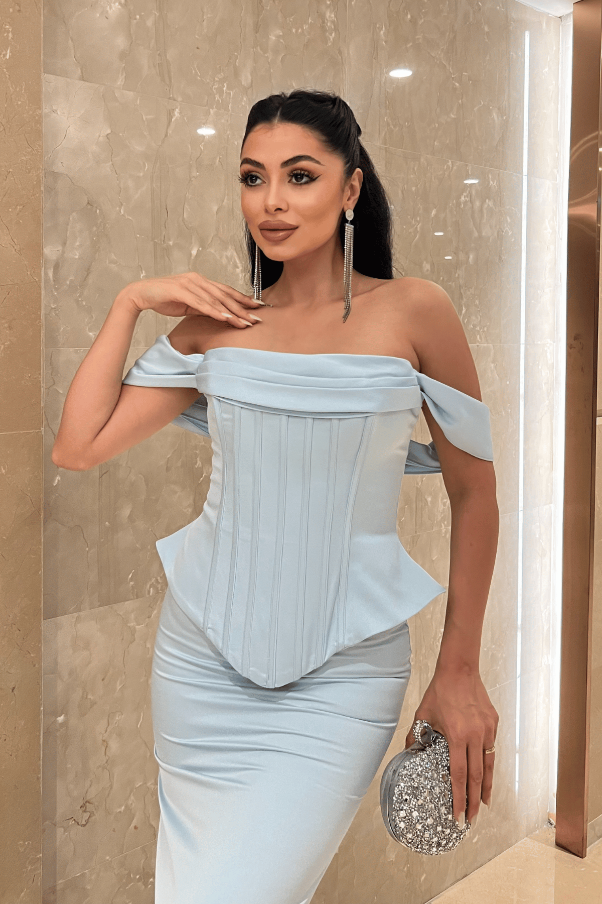 Saten Kumaş Balen Detaylı Abiye Elbise - BEBE MAVİSİ