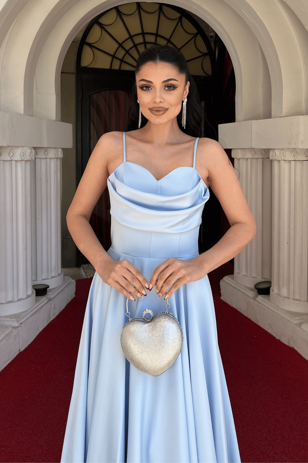 Saten Kumaş Balen Detaylı Degaje Yaka Elbise - BEBE MAVİSİ