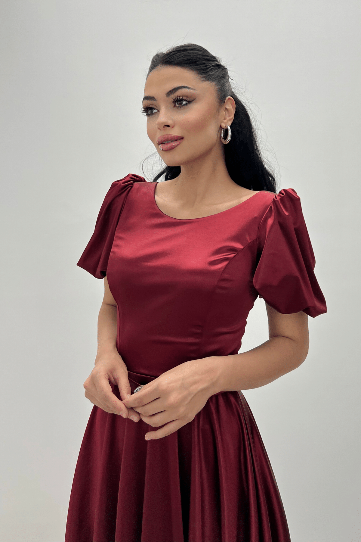 Saten Kumaş Balon Kol Midi Elbise - BORDO