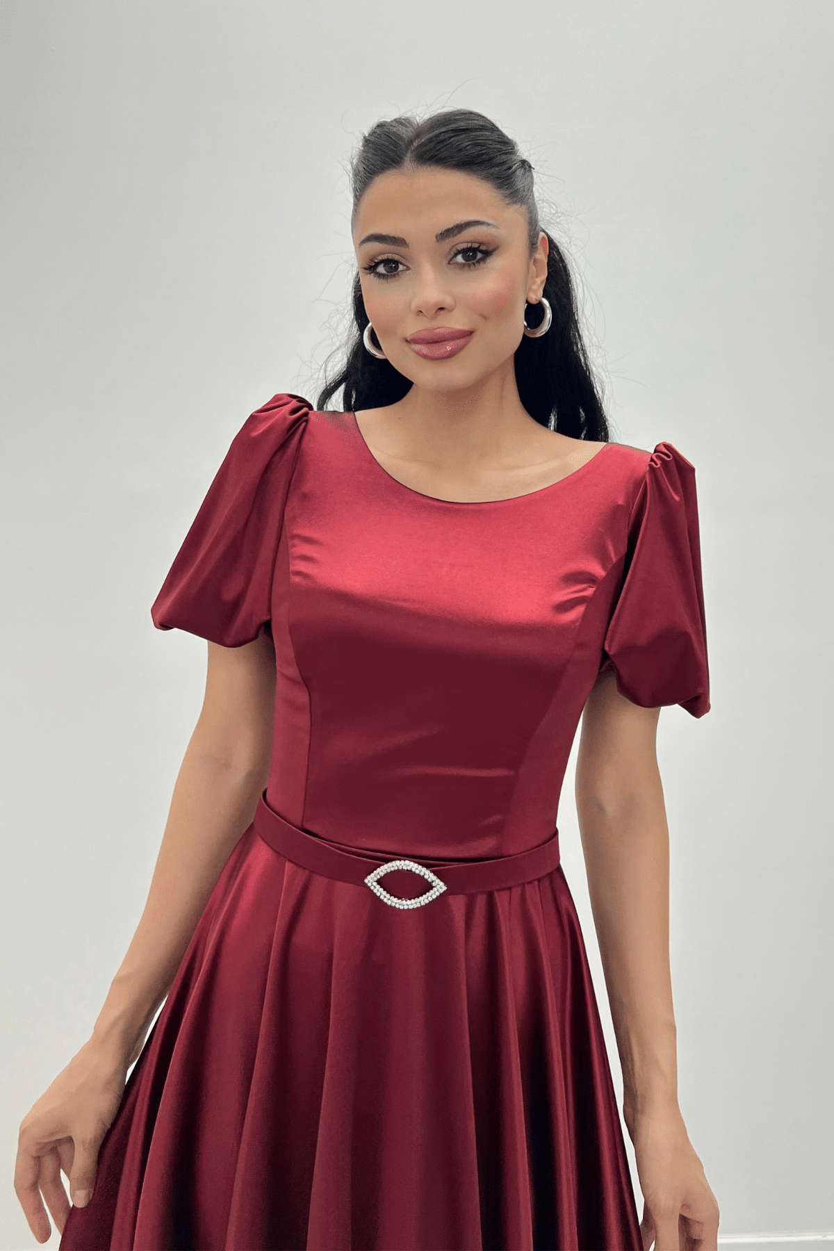 Saten Kumaş Balon Kol Midi Elbise - BORDO