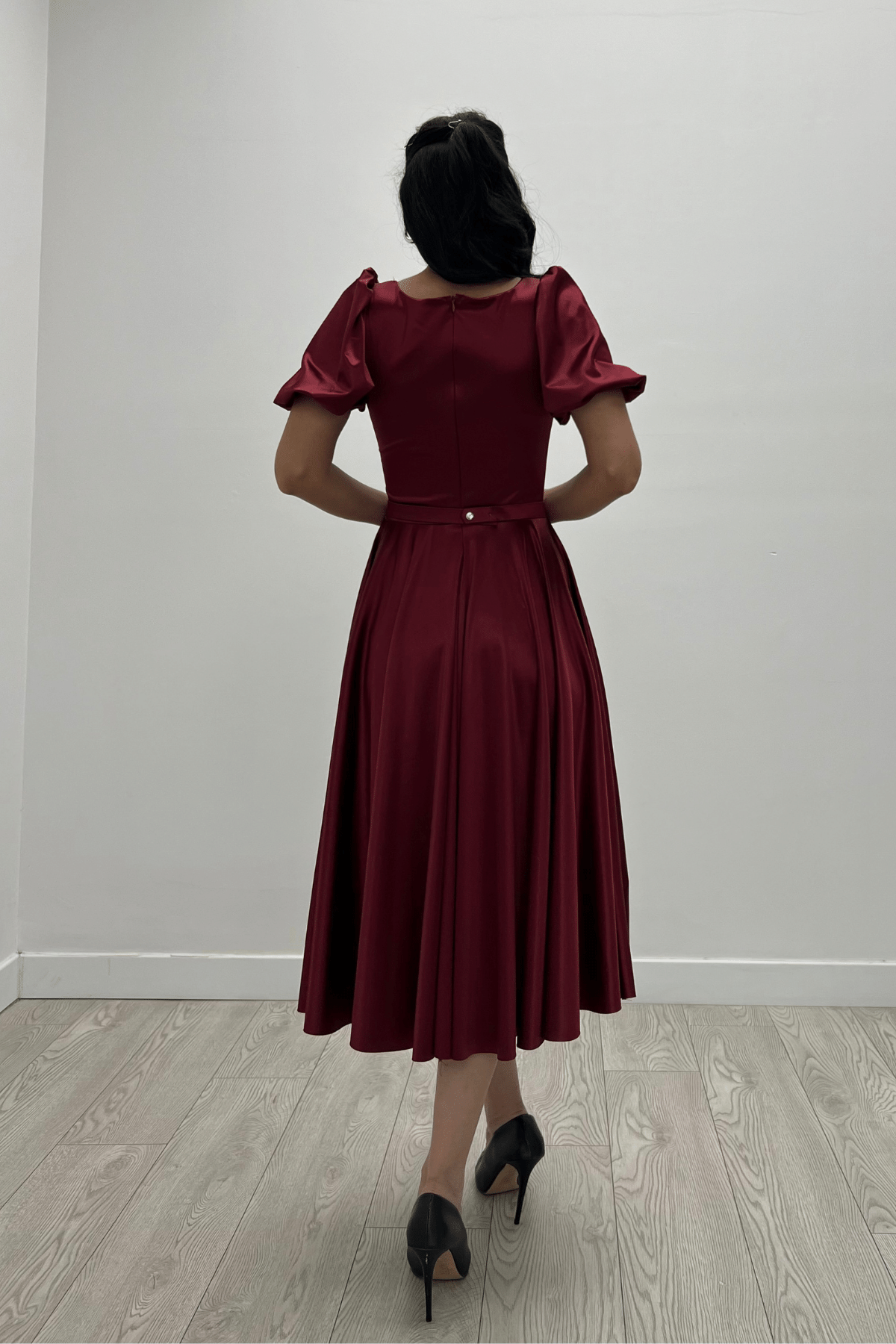 Saten Kumaş Balon Kol Midi Elbise - BORDO