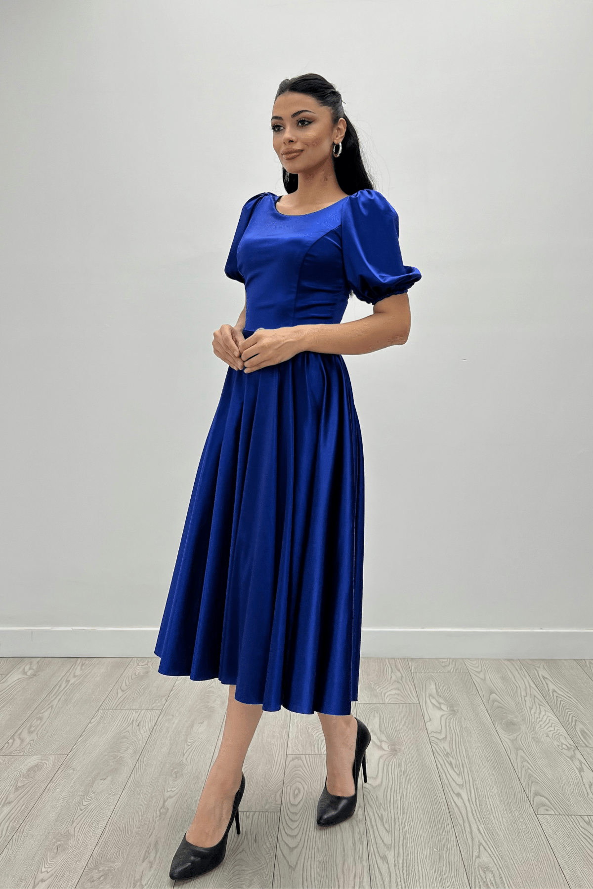 Saten Kumaş Balon Kol Midi Elbise - SAKS MAVİ