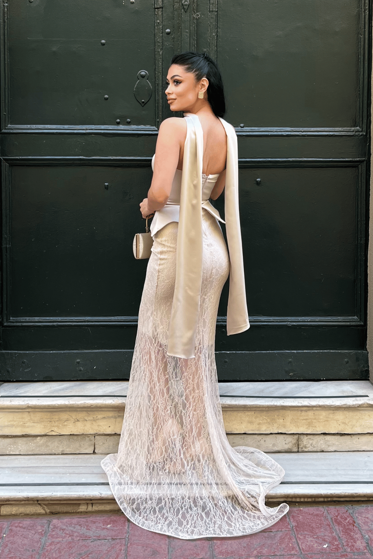 Saten Kumaş Dantel Detaylı Abiye Elbise - KREM