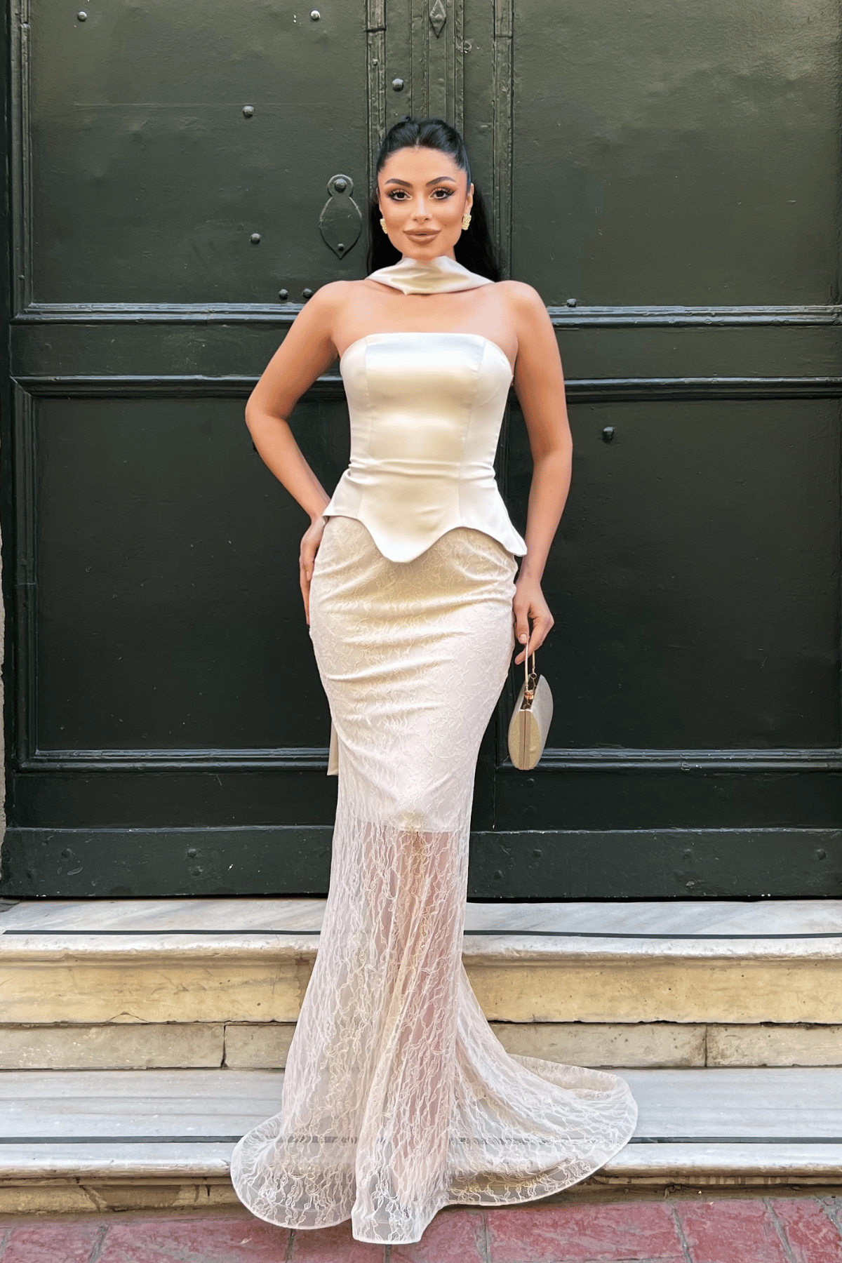 Saten Kumaş Dantel Detaylı Abiye Elbise - KREM