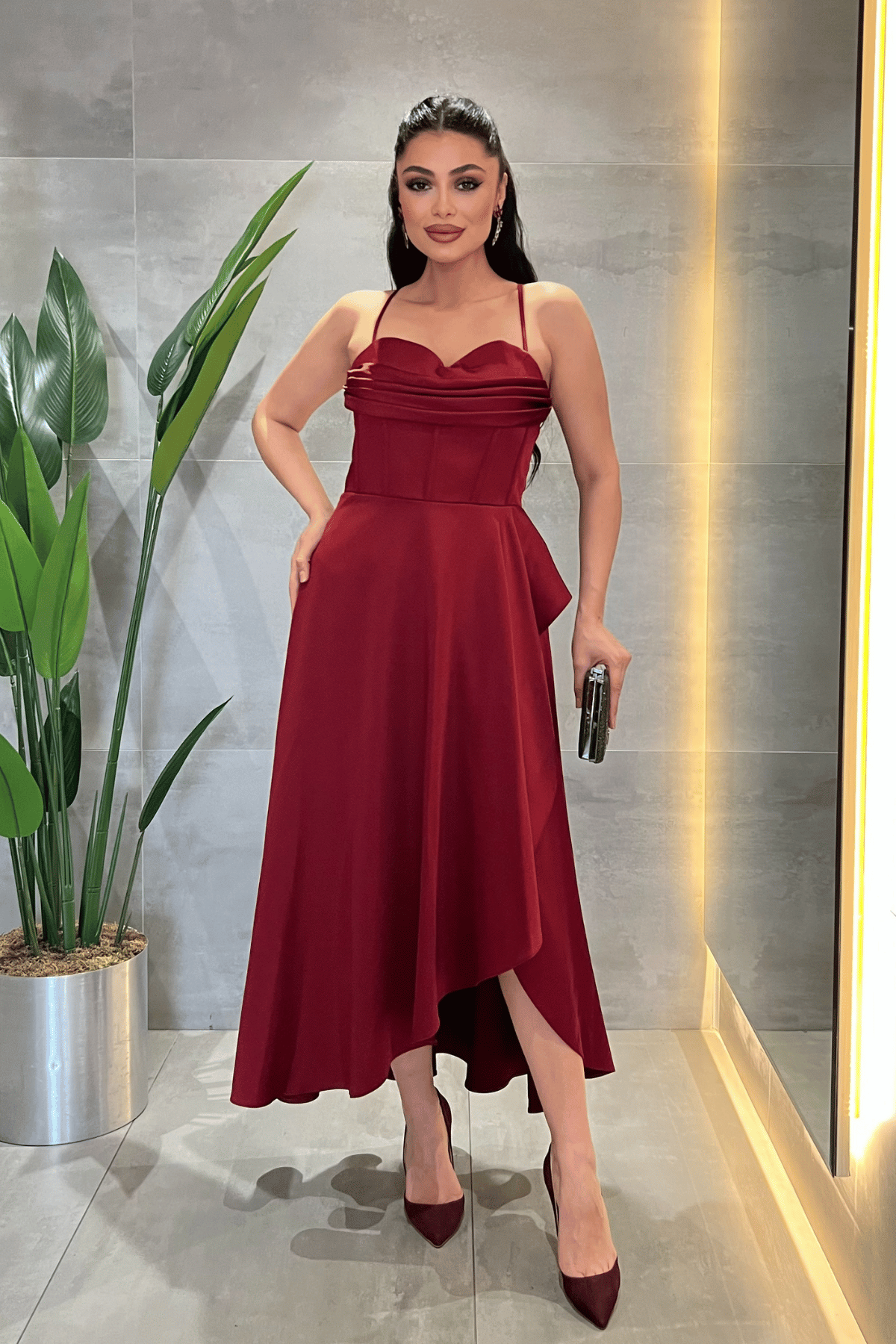 Saten Kumaş Degaje Yaka Midi Elbise - BORDO