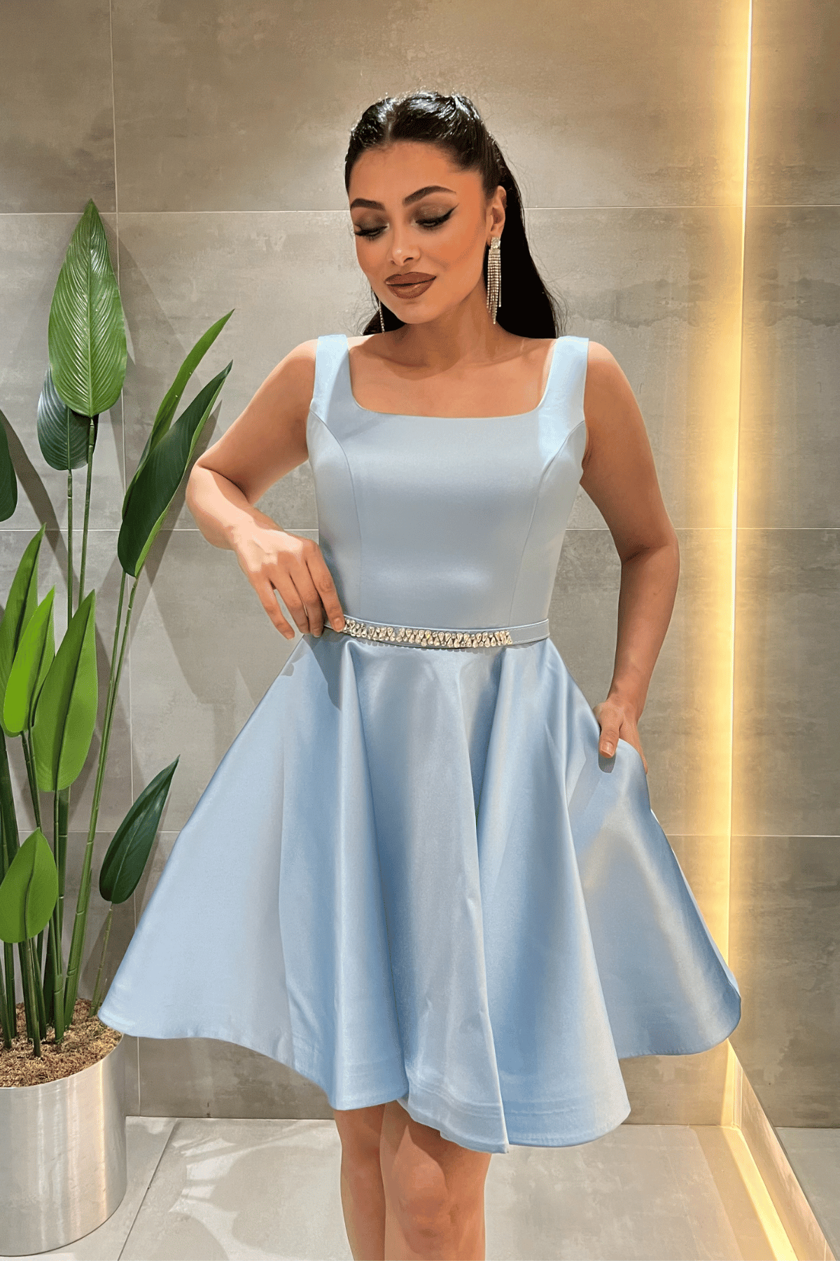 Saten Kumaş Sırtı İpli Mini Elbise - BEBE MAVİSİ