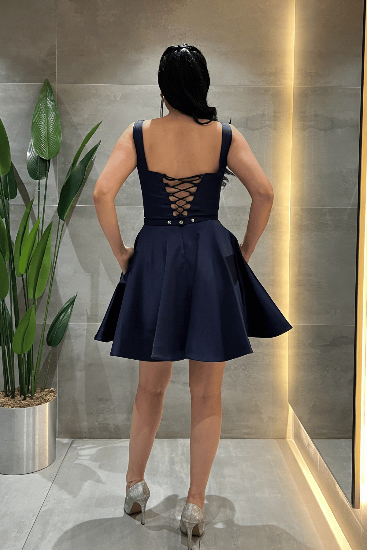 Saten Kumaş Sırtı İpli Mini Elbise - LACİVERT