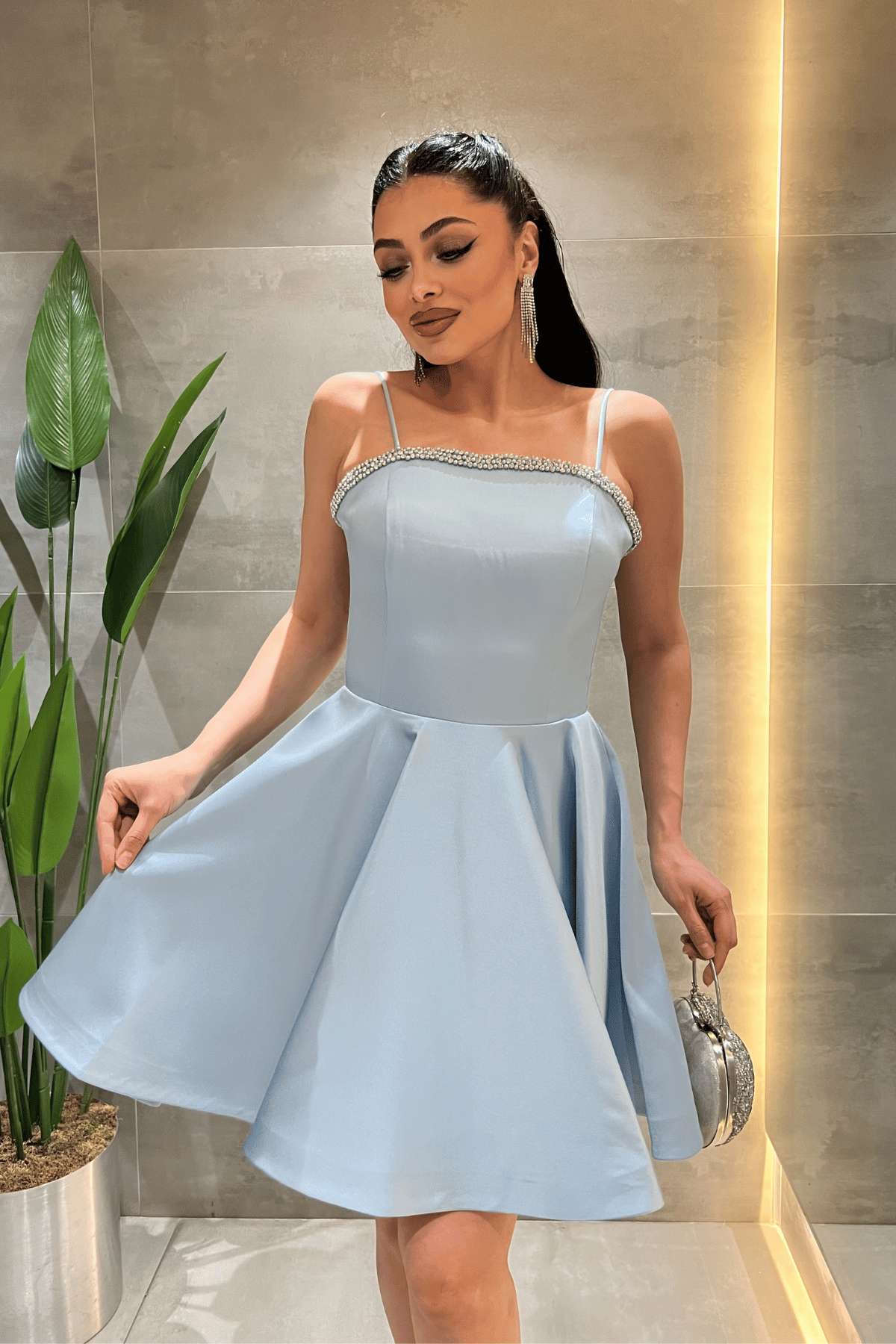 Saten Kumaş Taş Detaylı Mini Elbise - BEBE MAVİSİ
