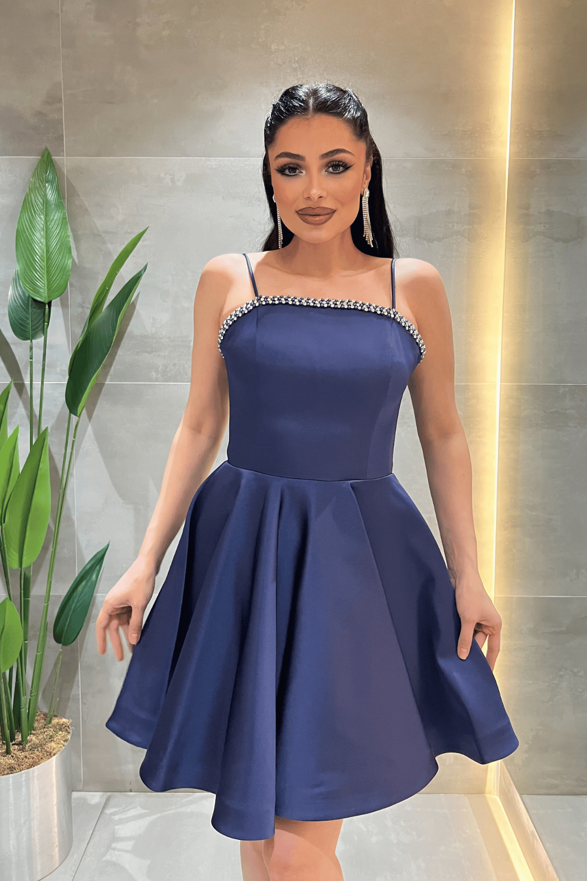 Saten Kumaş Taş Detaylı Mini Elbise - LACİVERT