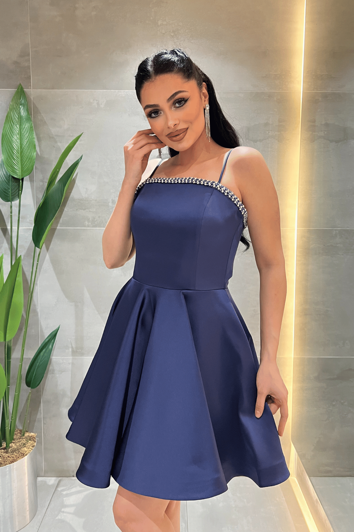Saten Kumaş Taş Detaylı Mini Elbise - LACİVERT