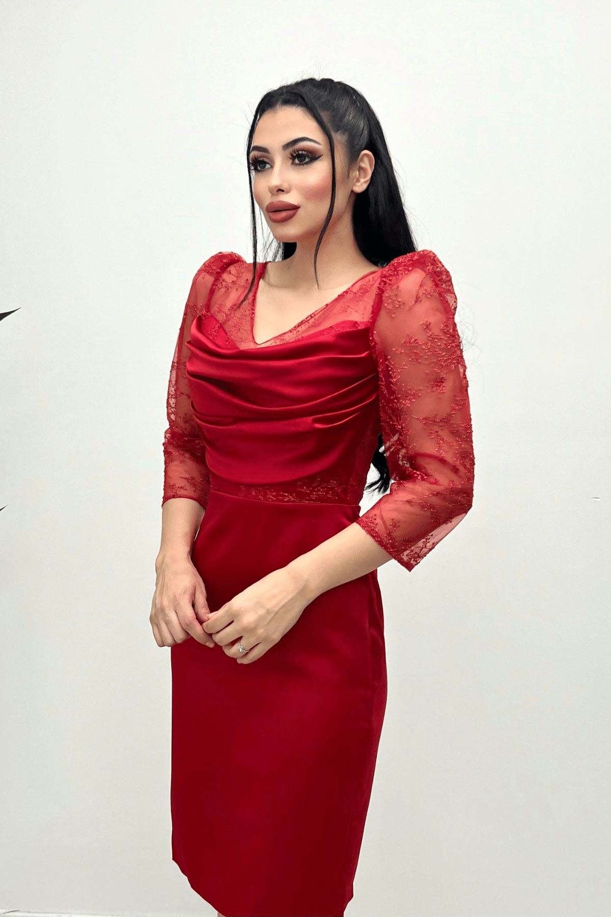 Low-cut Collar Evening Dress - RED