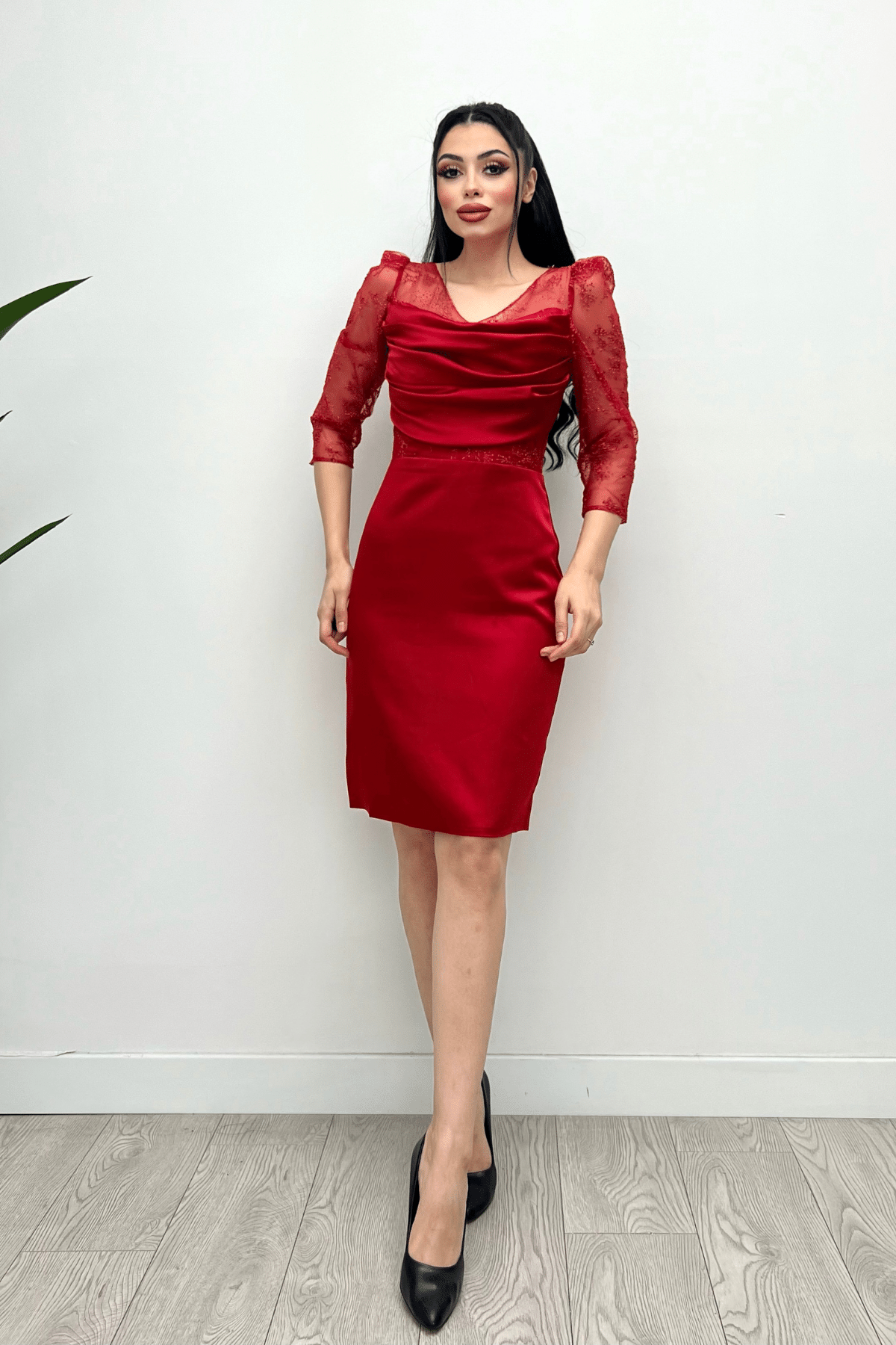 Low-cut Collar Evening Dress - RED