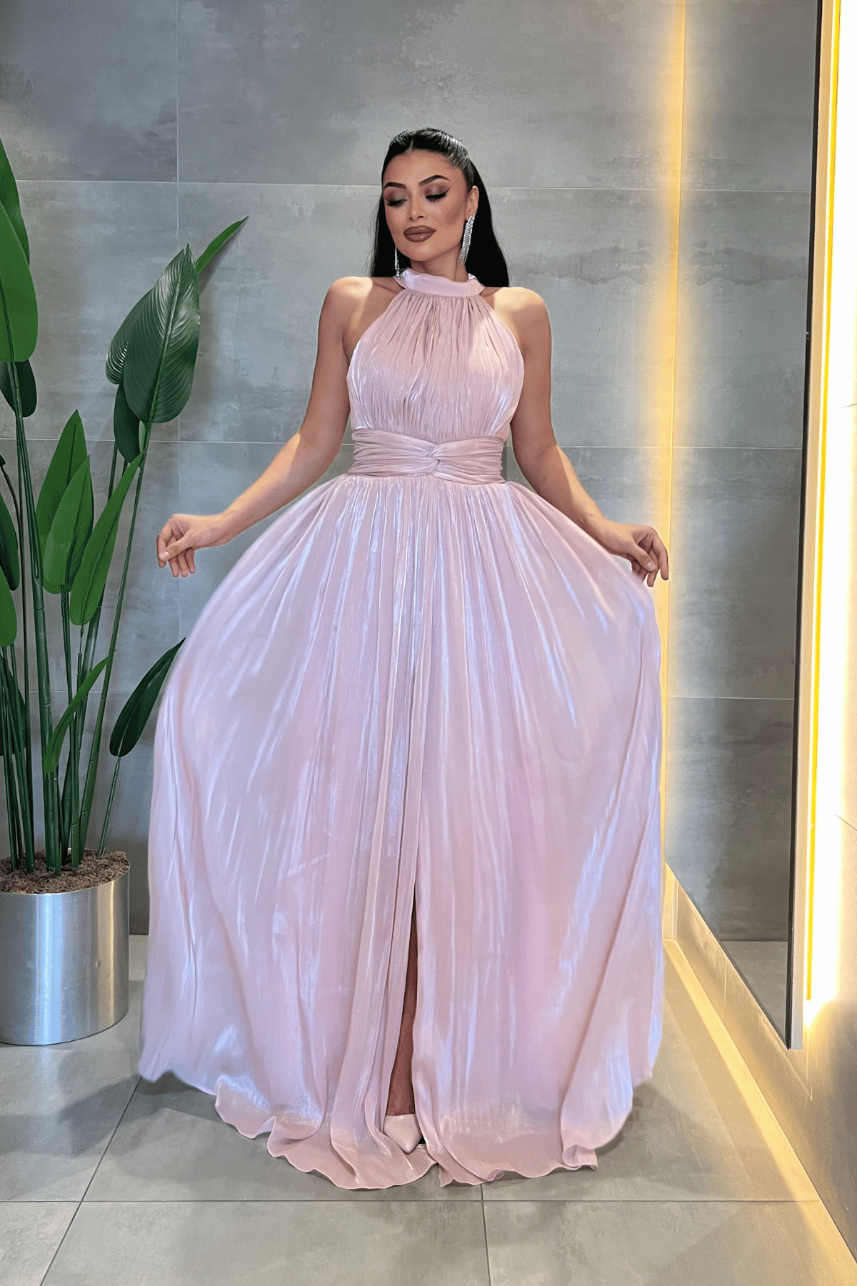 Şifon Kumaş Bel Korseli Abiye Elbise - PEMBE