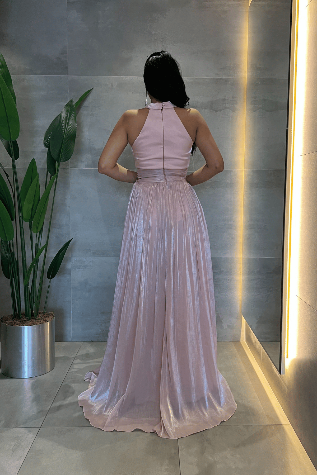Şifon Kumaş Bel Korseli Abiye Elbise - PEMBE