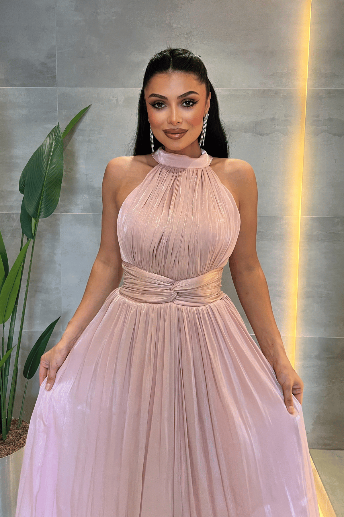 Şifon Kumaş Bel Korseli Abiye Elbise - PEMBE