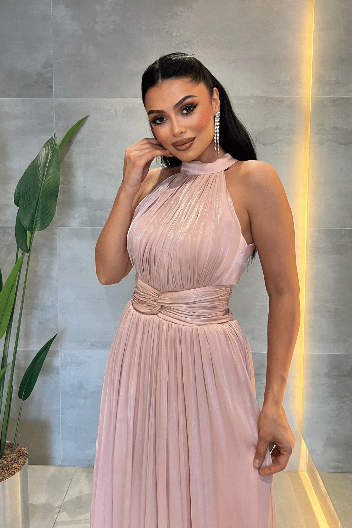 Şifon Kumaş Bel Korseli Abiye Elbise - PEMBE