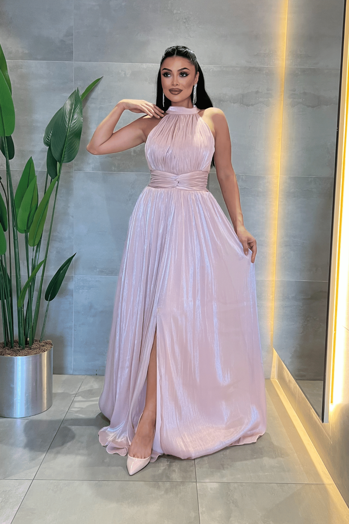 Şifon Kumaş Bel Korseli Abiye Elbise - PEMBE