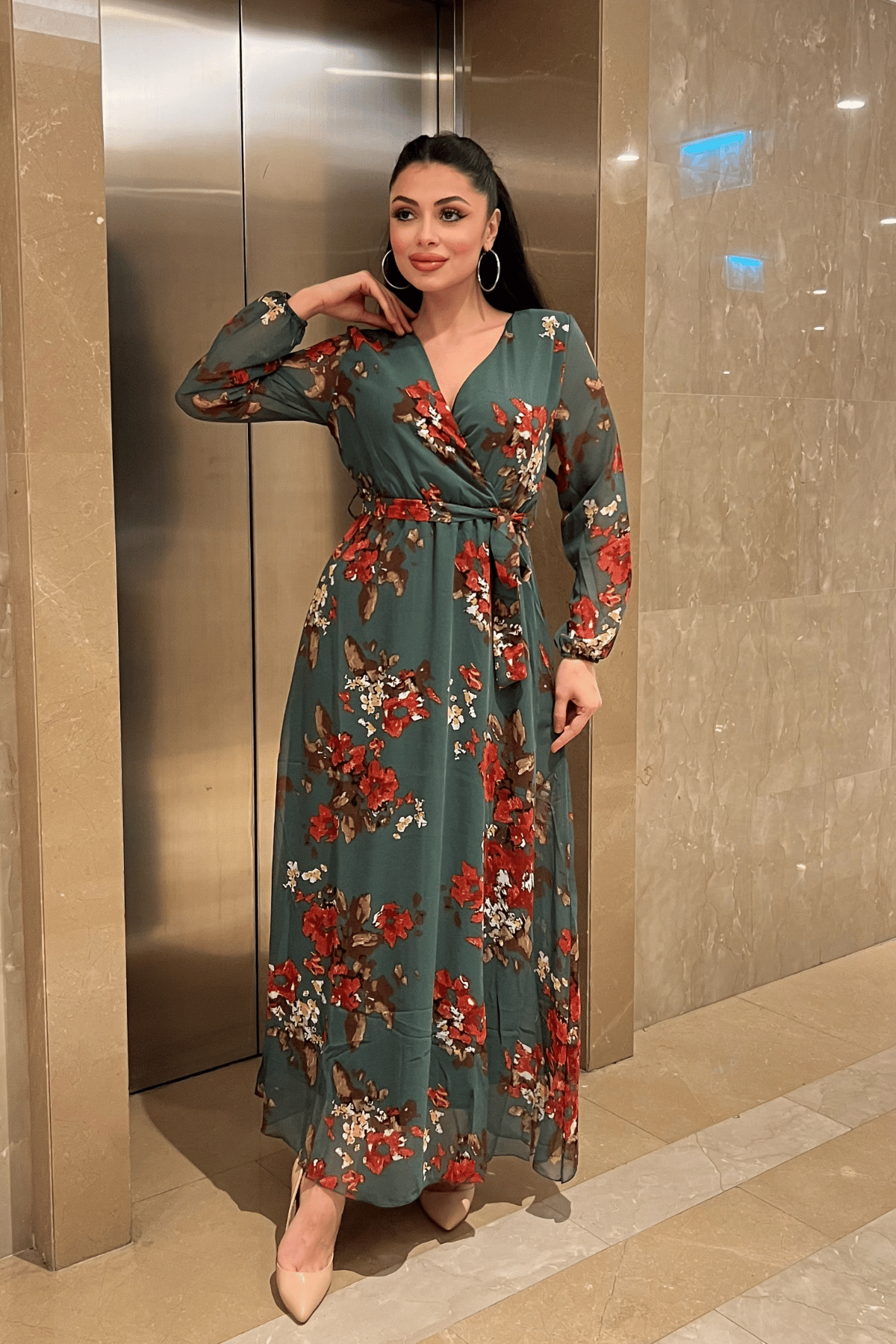 Şifon Kumaş Beli Lastikli Elbise - SU YEŞİLİ