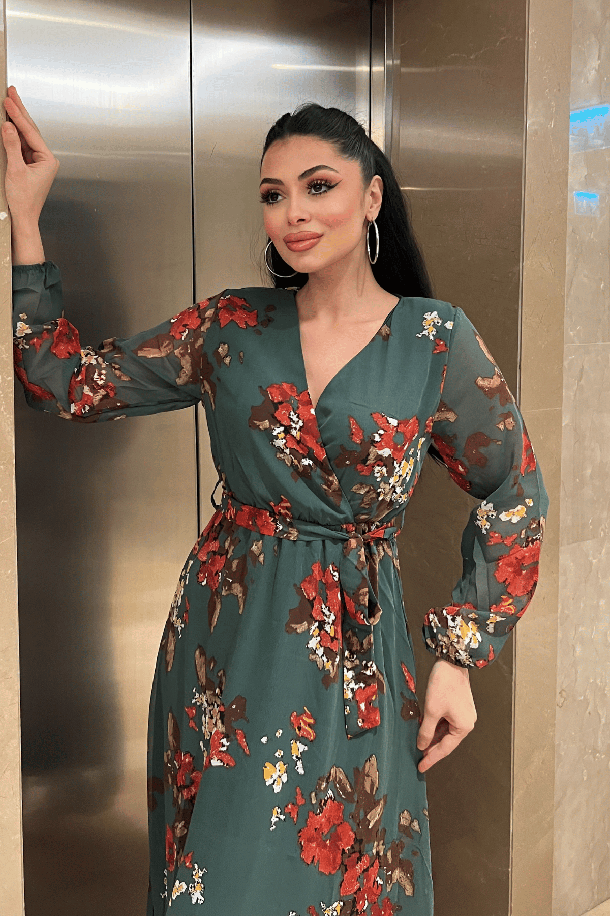 Şifon Kumaş Beli Lastikli Elbise - SU YEŞİLİ