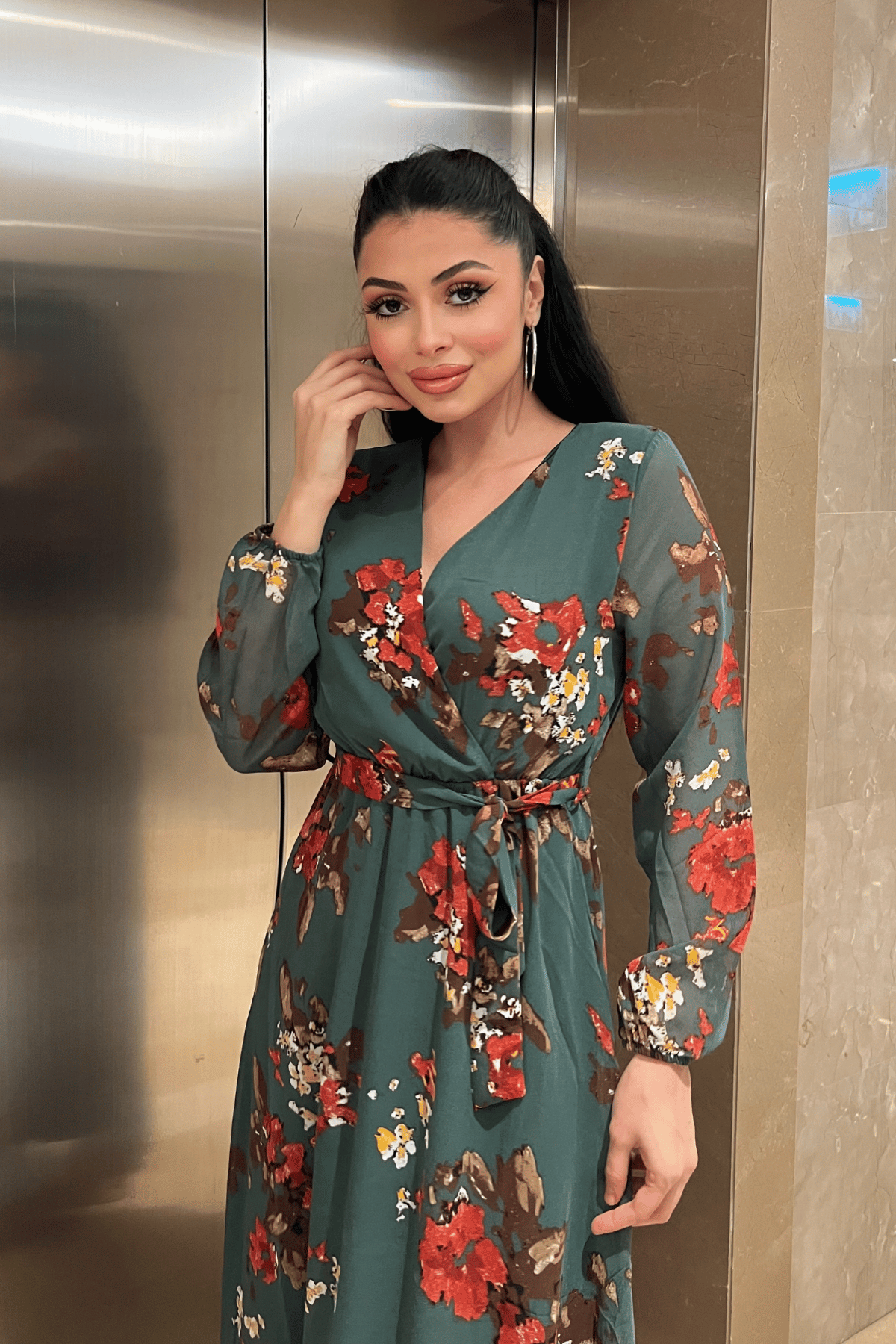 Şifon Kumaş Beli Lastikli Elbise - SU YEŞİLİ