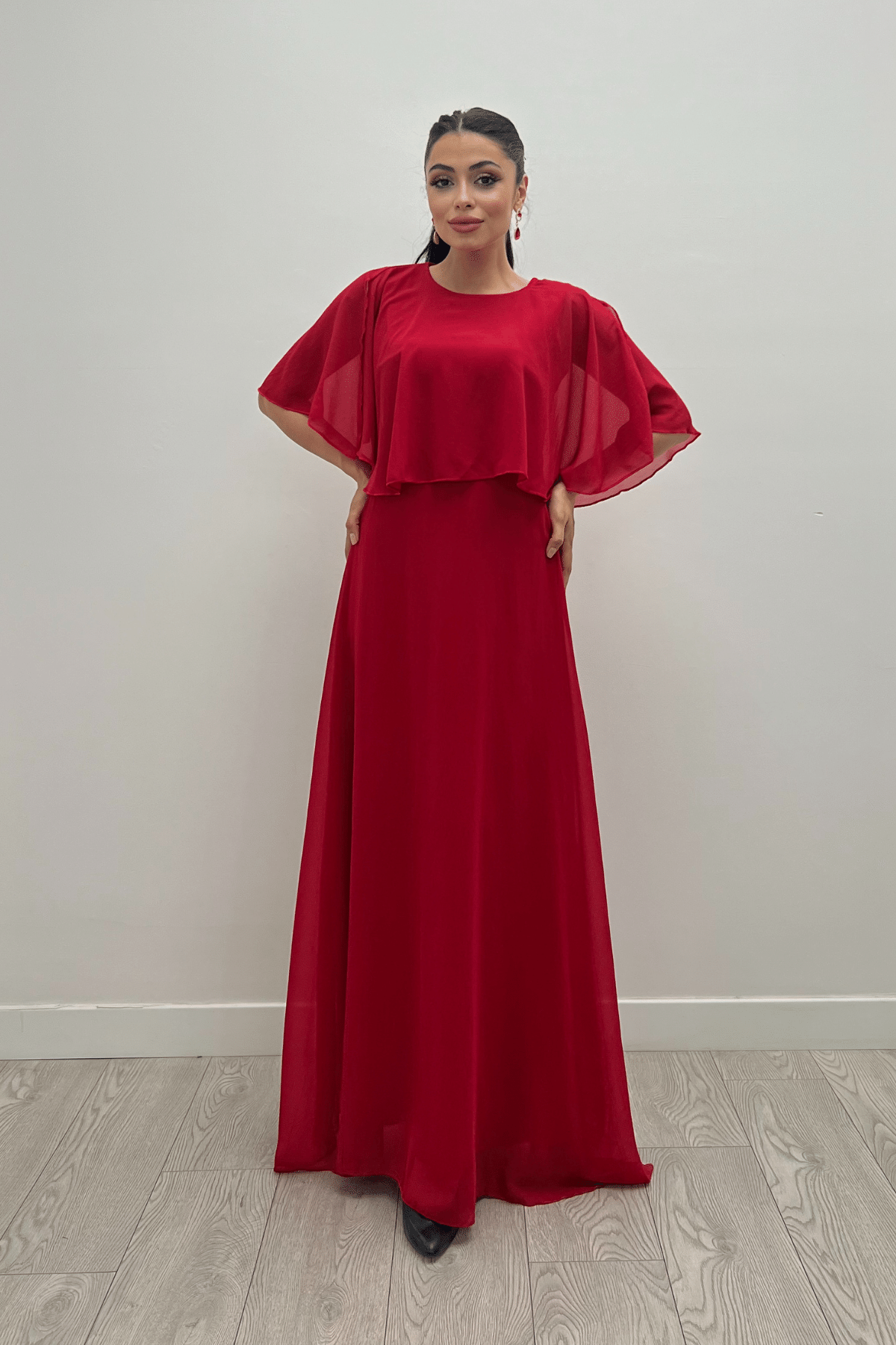 Şifon Kumaş Bolero Detaylı Elbise - KIRMIZI