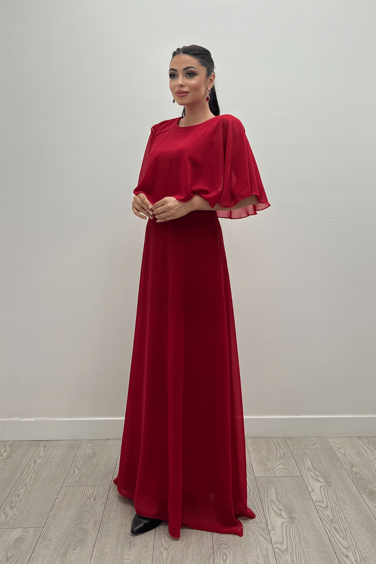 Şifon Kumaş Bolero Detaylı Elbise - KIRMIZI