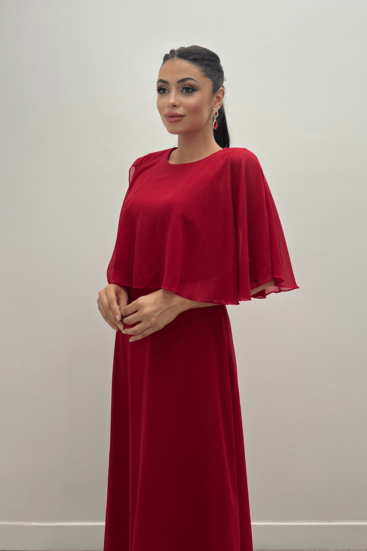 Şifon Kumaş Bolero Detaylı Elbise - KIRMIZI
