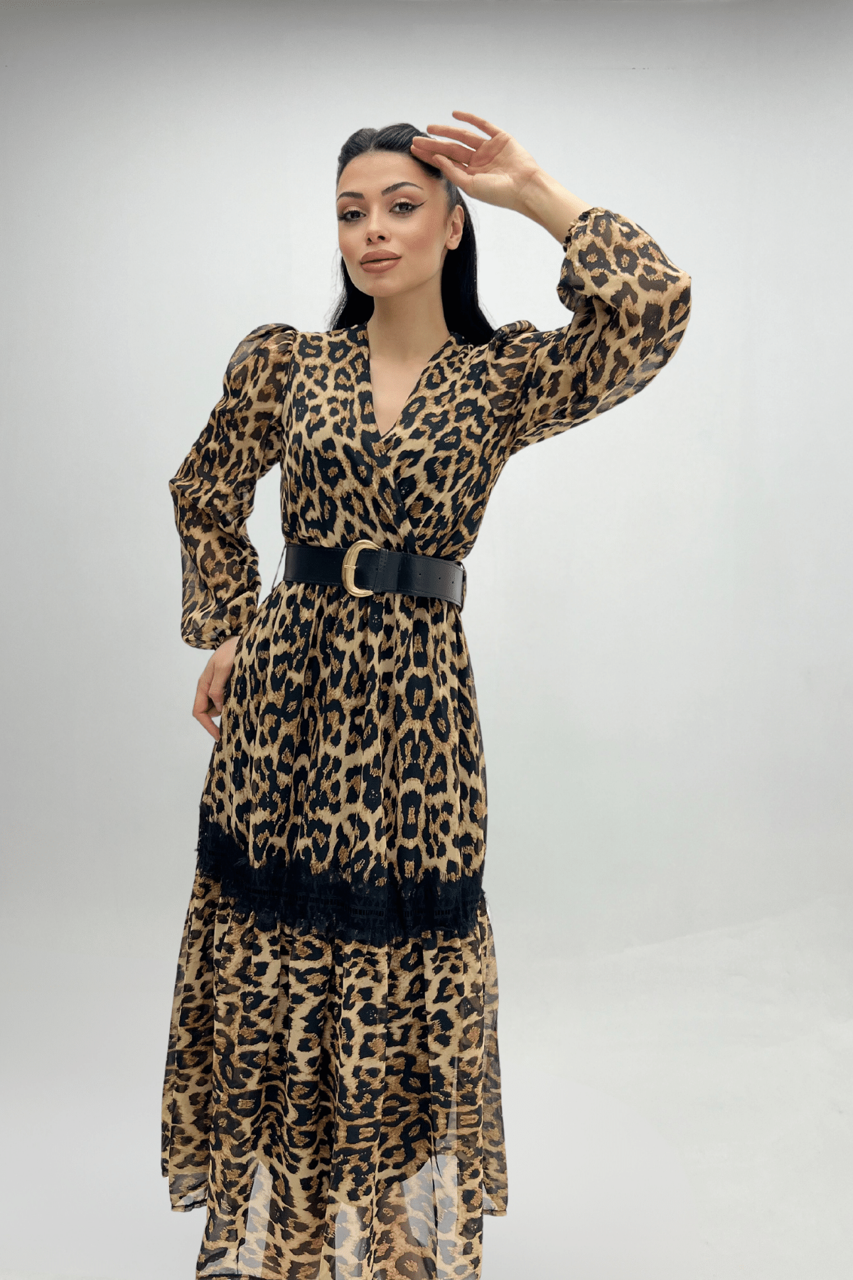 Şifon Kumaş Leopar Desenli Midi Elbise - LEOPAR