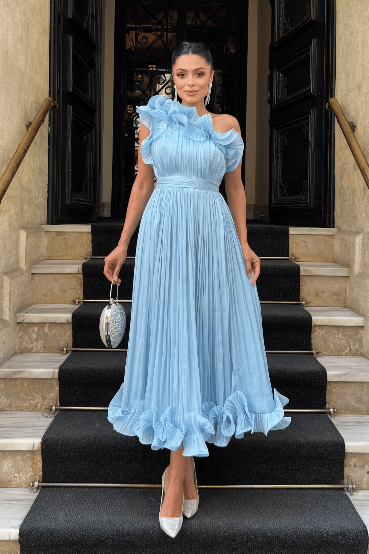 Şifon Kumaş Tek Kol Abiye Elbise - BEBE MAVİSİ