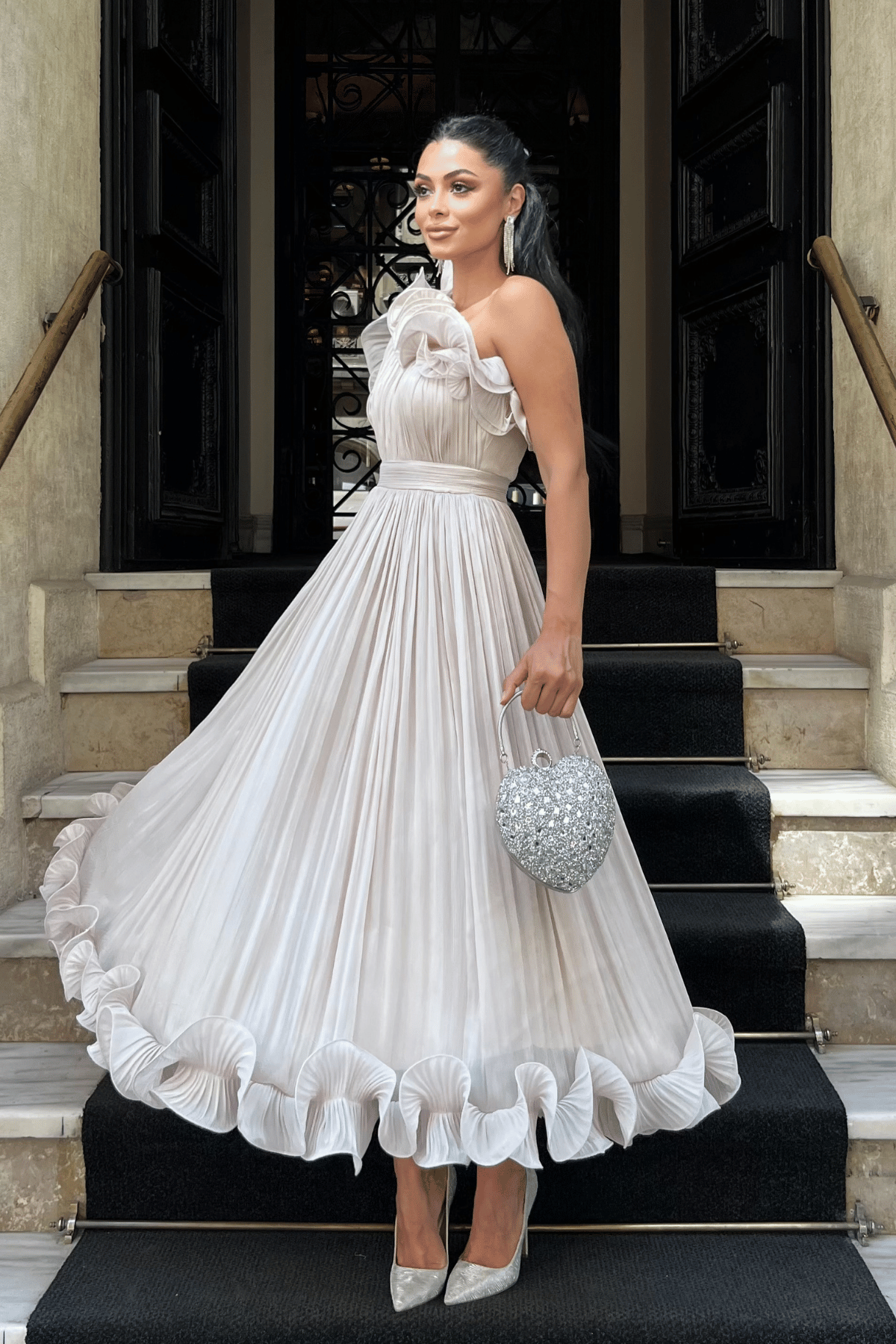 Şifon Kumaş Tek Kol Abiye Elbise - BEJ