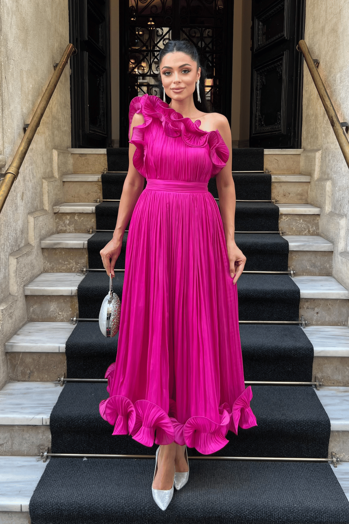 Şifon Kumaş Tek Kol Abiye Elbise - FUŞYA