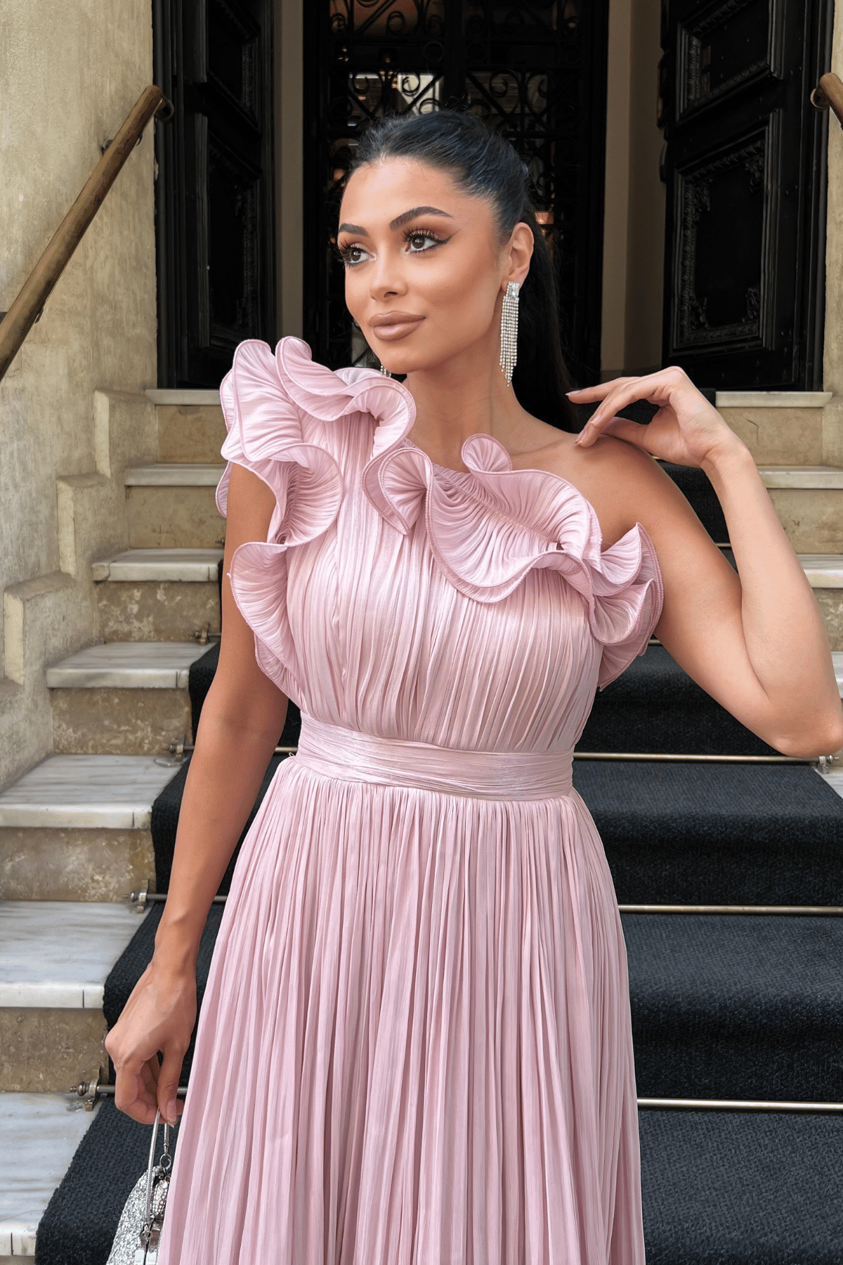 Şifon Kumaş Tek Kol Abiye Elbise - PUDRA