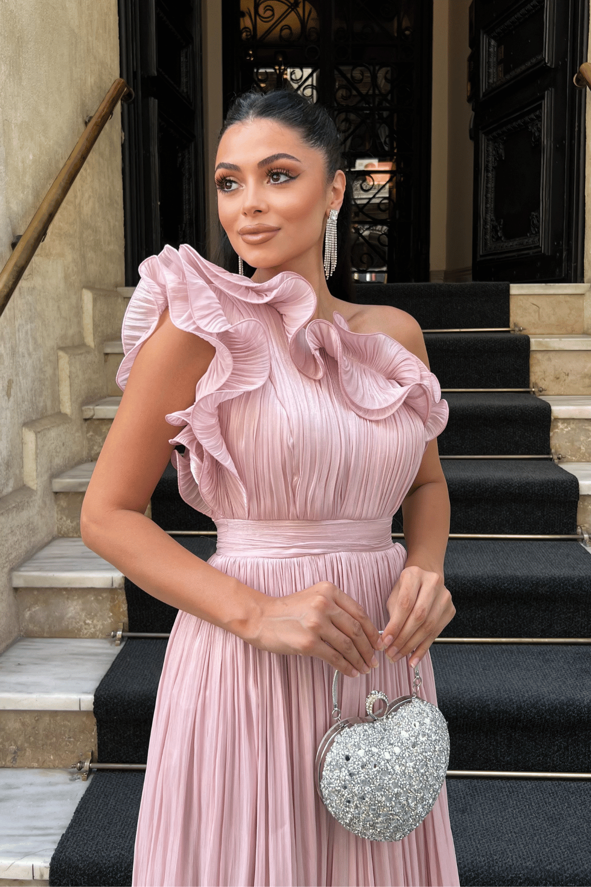 Şifon Kumaş Tek Kol Abiye Elbise - PUDRA