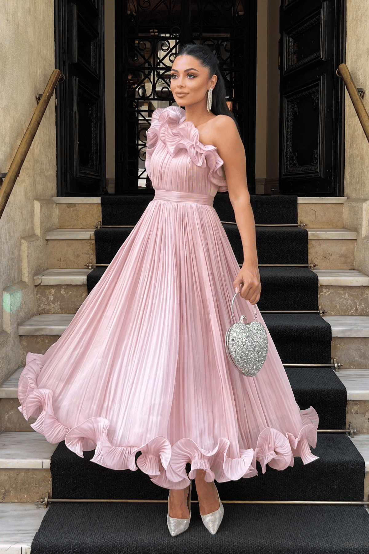 Şifon Kumaş Tek Kol Abiye Elbise - PUDRA