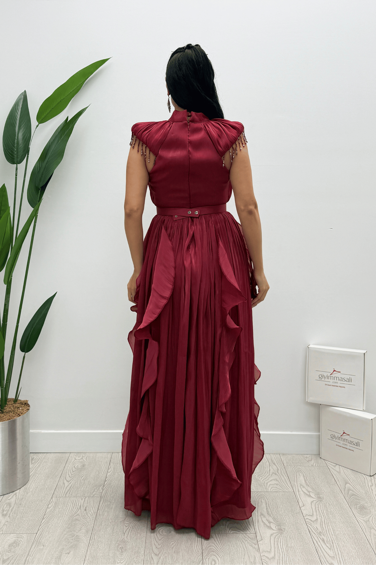 Şifon Kumaş Volan Detaylı Elbise - BORDO