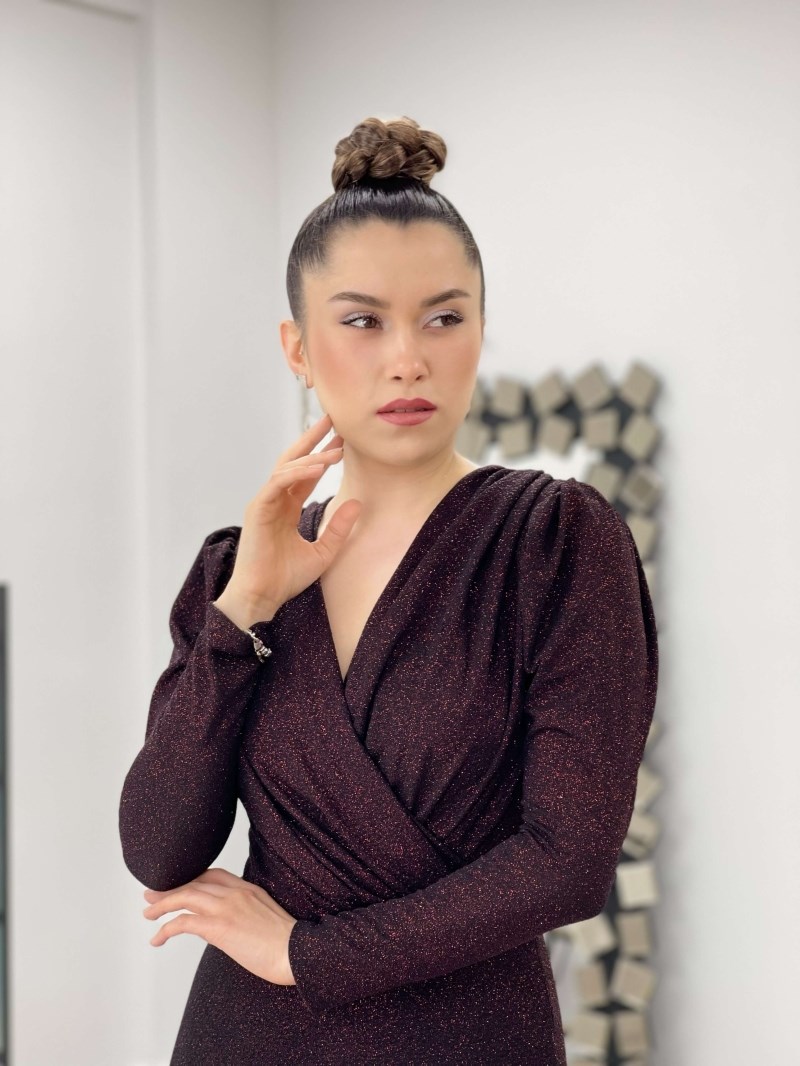 Simli Kalem Elbise - BORDO