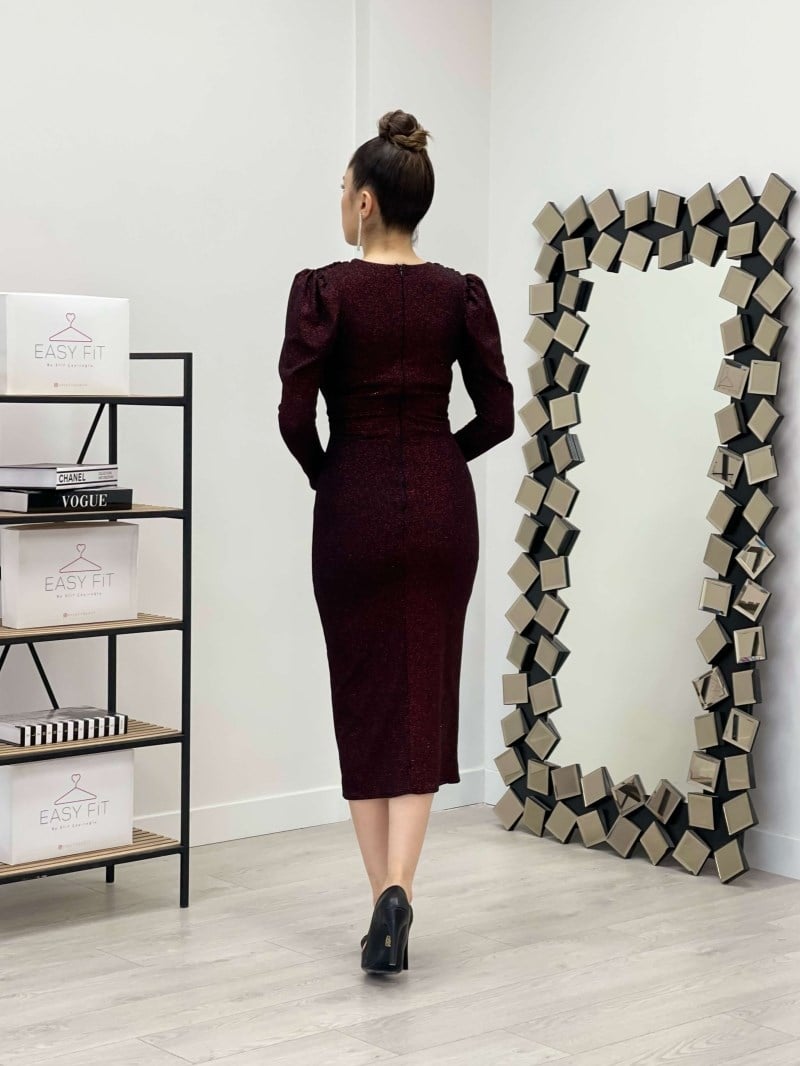 Simli Kalem Elbise - BORDO