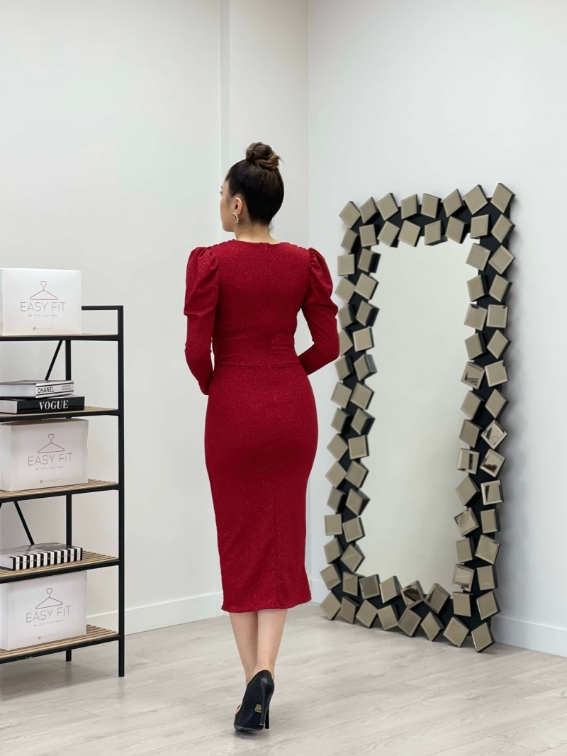 Simli Kalem Elbise - KIRMIZI