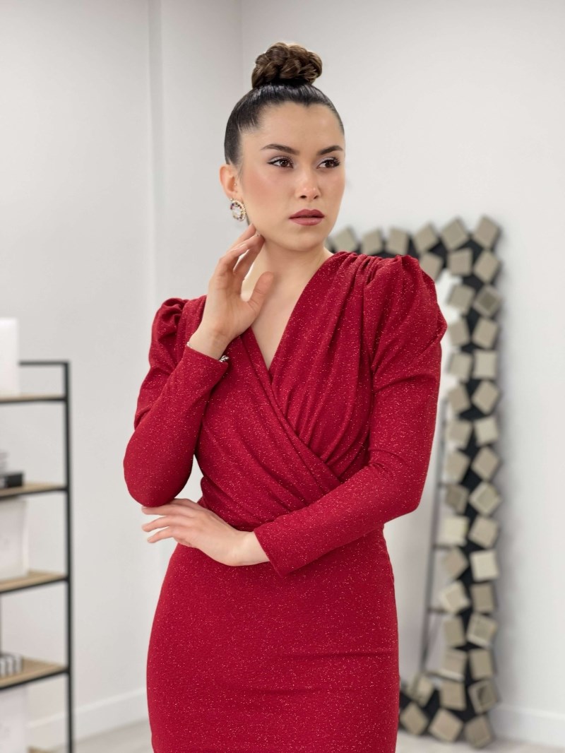 Simli Kalem Elbise - KIRMIZI