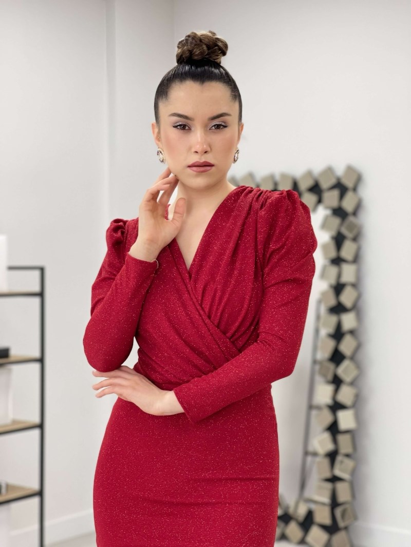 Simli Kalem Elbise - KIRMIZI