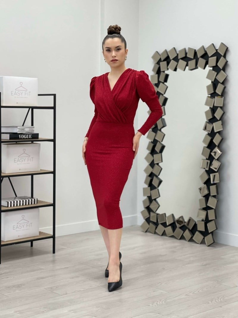 Simli Kalem Elbise - KIRMIZI