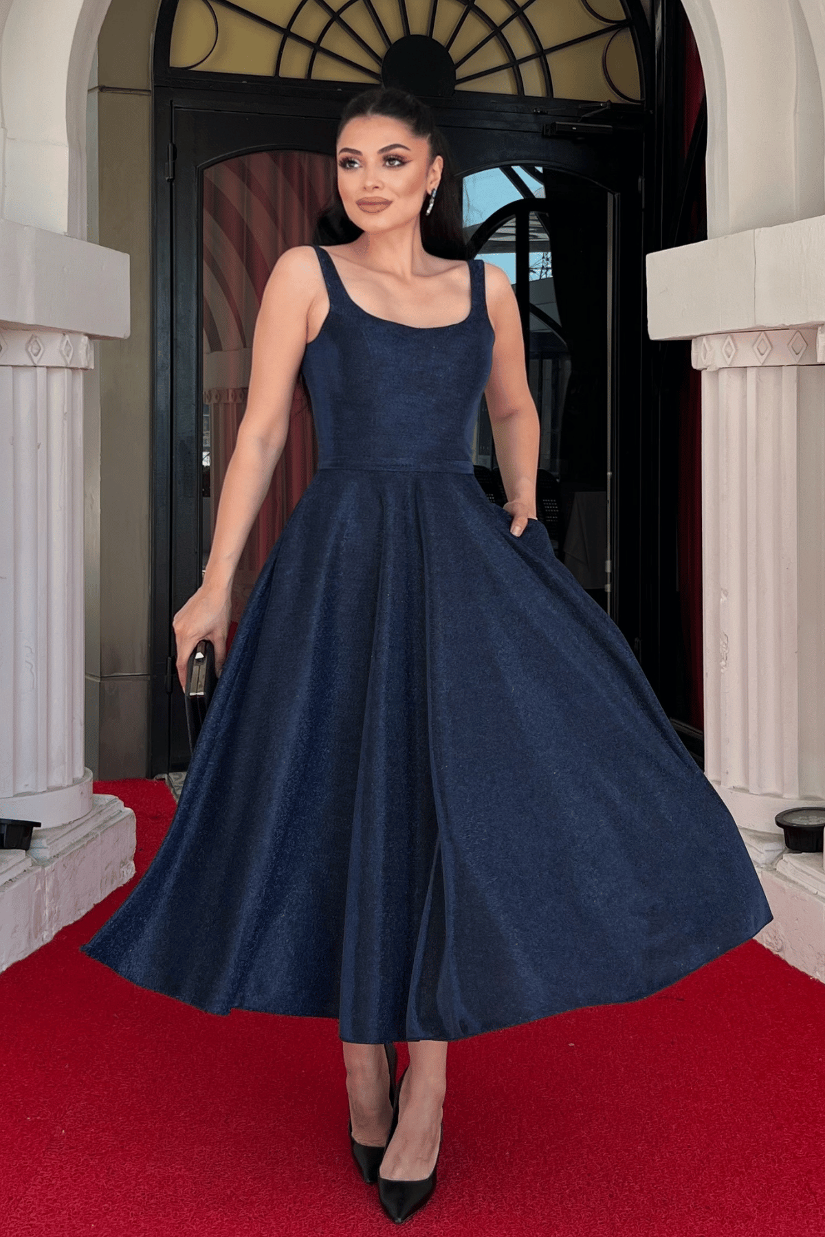 Simli Kumaş Askılı Midi Elbise - LACİVERT