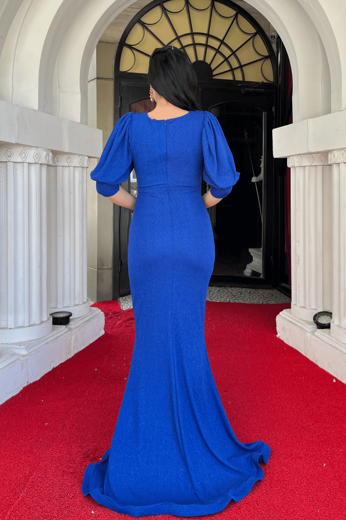 Simli Kumaş Balık Model Volan Detaylı Abiye Elbise - SAKS MAVİ