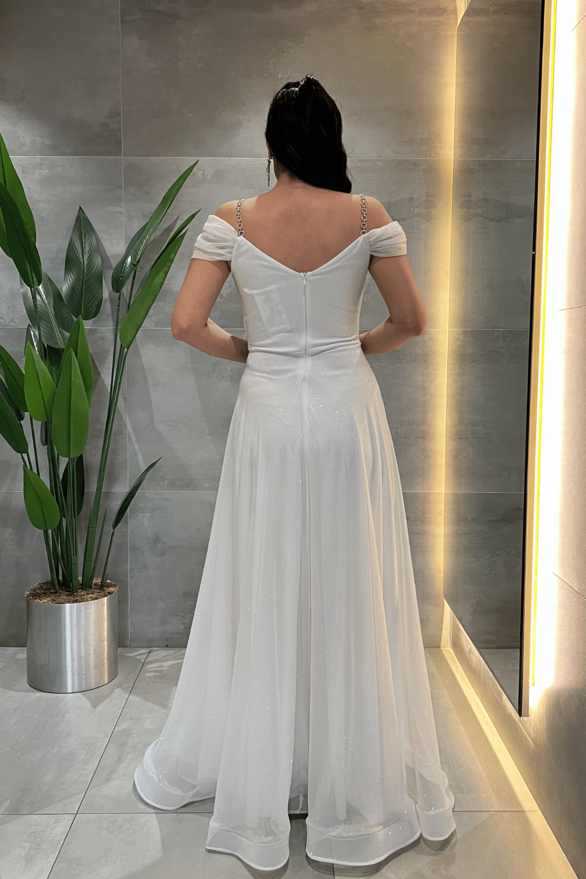 Simli Kumaş Kayık Yaka Abiye Elbise - BEYAZ