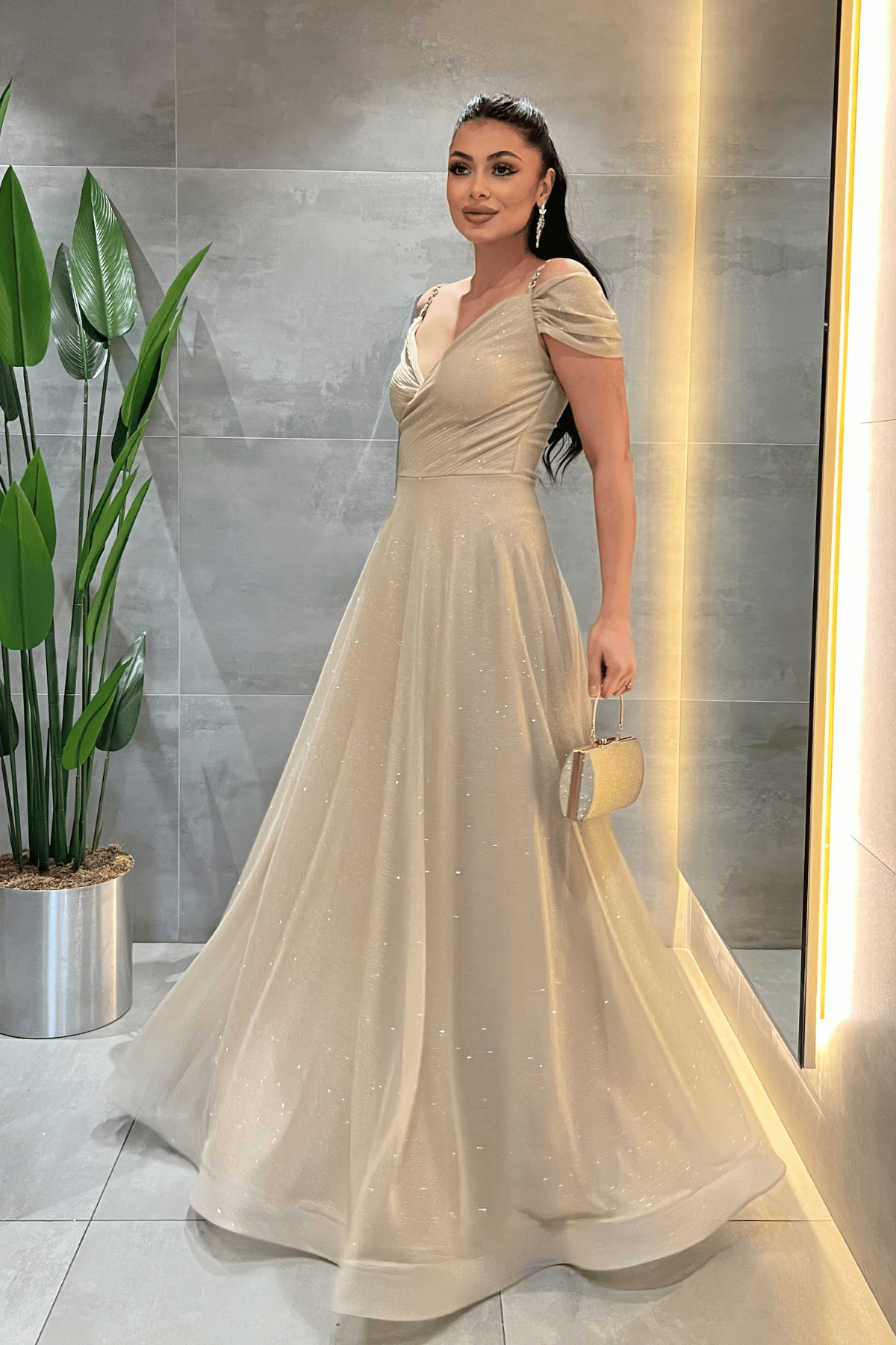 Simli Kumaş Kayık Yaka Abiye Elbise - GOLD