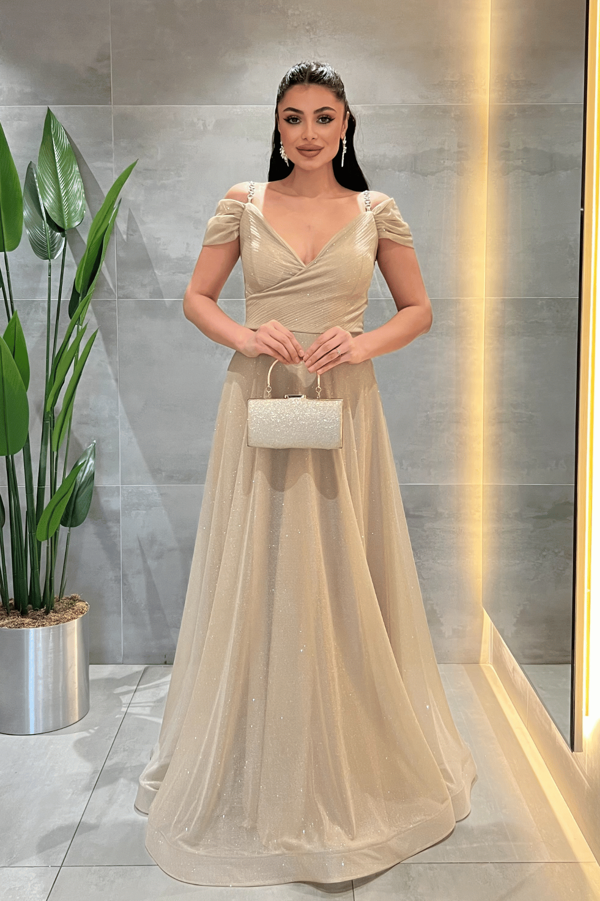 Simli Kumaş Kayık Yaka Abiye Elbise - GOLD